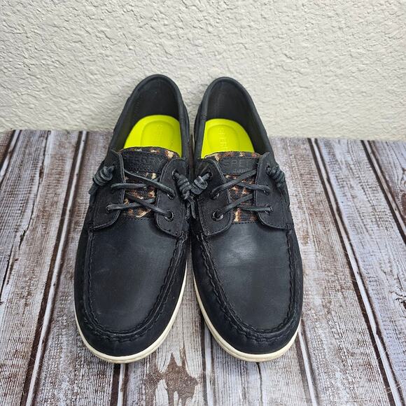 Sperry top siders songfish black and cheetah boat shoes loafers women's size 10 - Picture 6 of 7